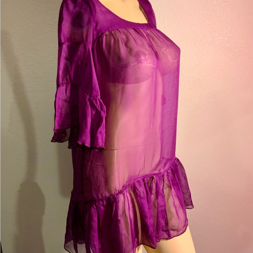 ABS women’s swimsuit coverup sheer 100% silk plum ruffled oversized szs XS S M